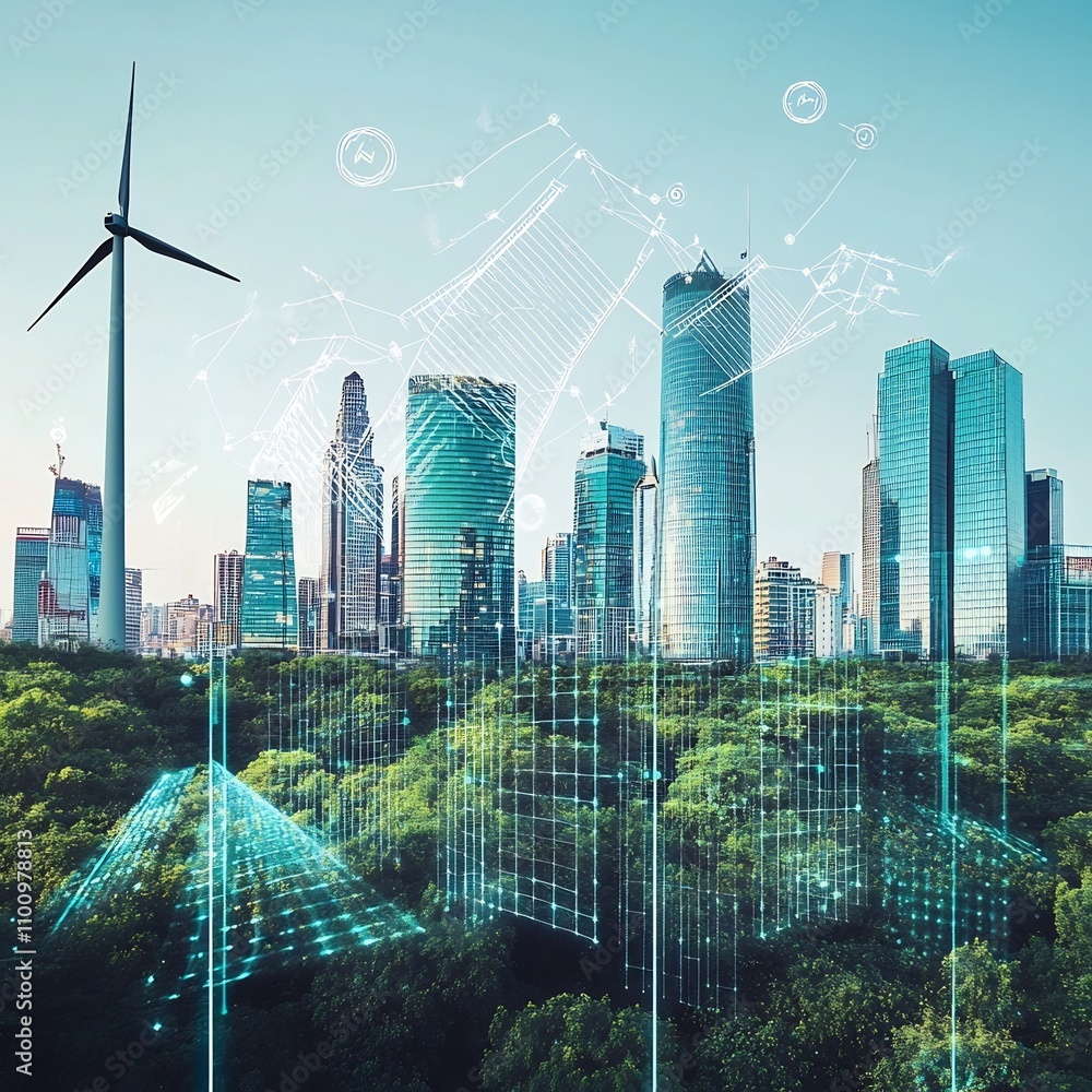 Poster visualization of a renewable energy portfolio with data charts and analytics floating over a clean e