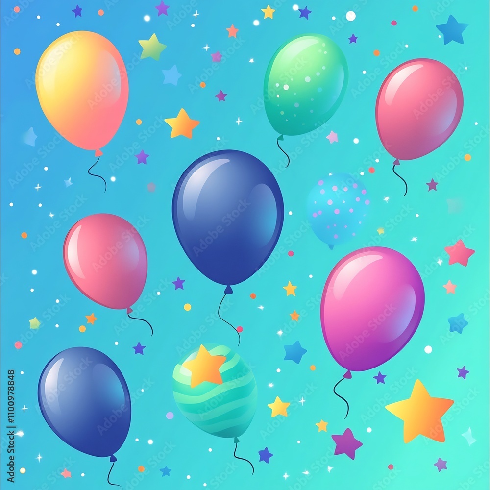 Poster visually captivating abstract party themed featuring colorful balloons glowing stars and festive geo
