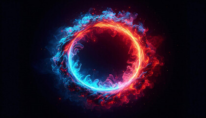 Obraz premium abstract fiery neon ring with red and blue smoke effects, on dark background 