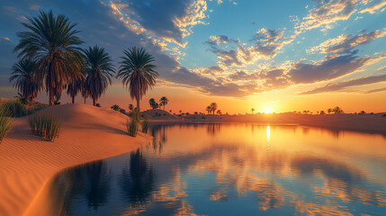 Enchanting Desert Mirage of Hopeful Dreams: A Mystical Scene Filled with Incredible Wonders, Sparkling Water in the Sand, Lush Palms, and Natural Jewels Creating a Magical Moment