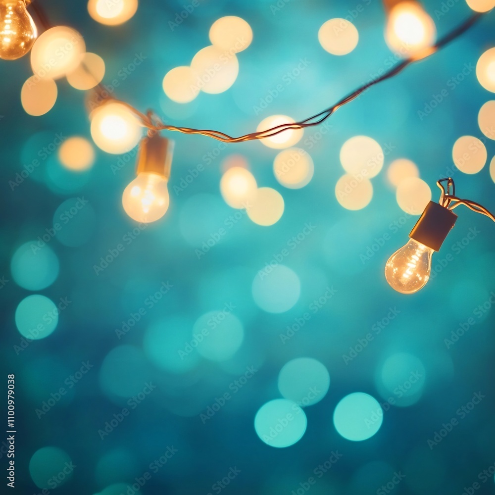 Poster warm and glowing string lights hanging in front of a vibrant teal bokeh background the festive and c