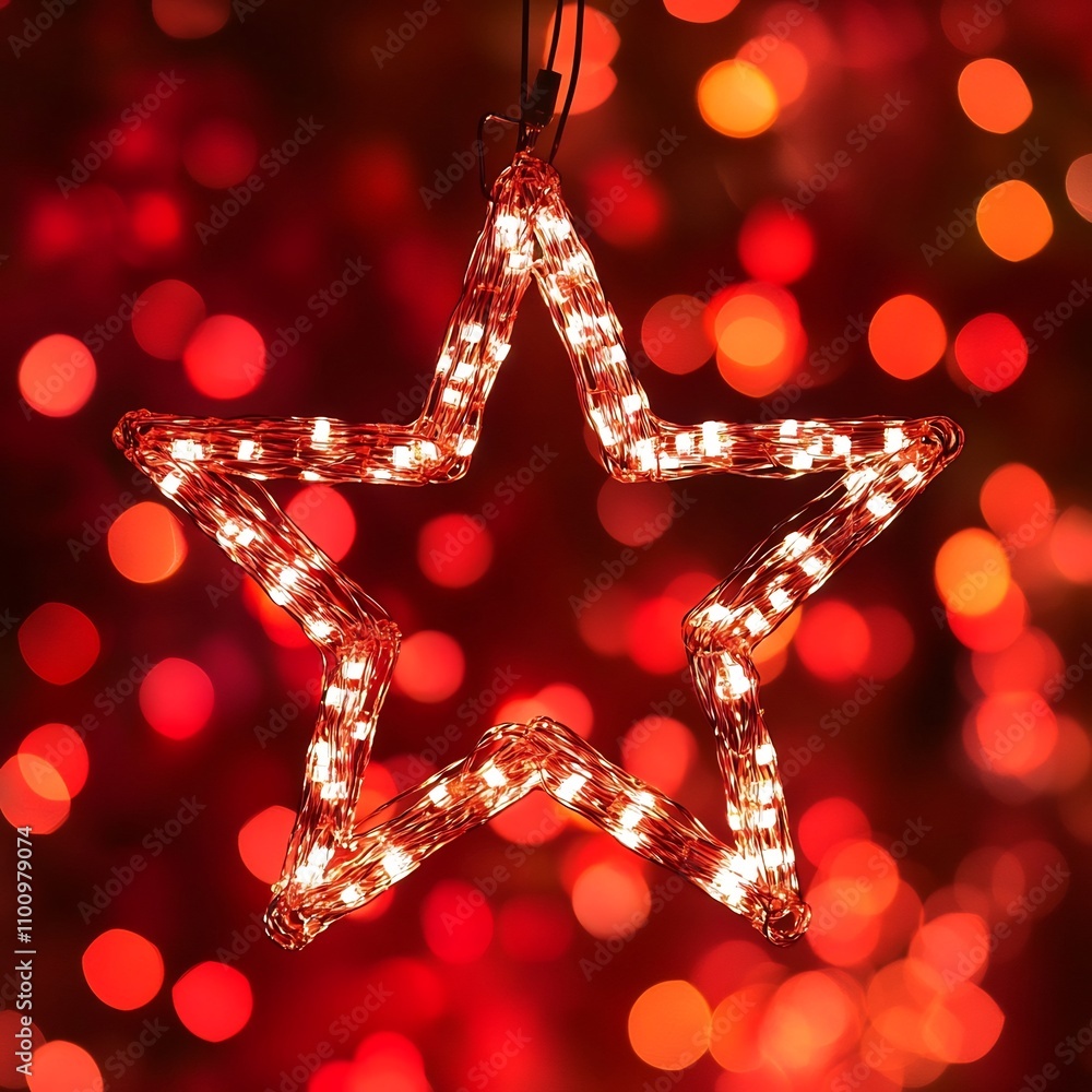 Poster warm white string lights arranged in a beautiful elegant star shape with a glowing red bokeh backgro