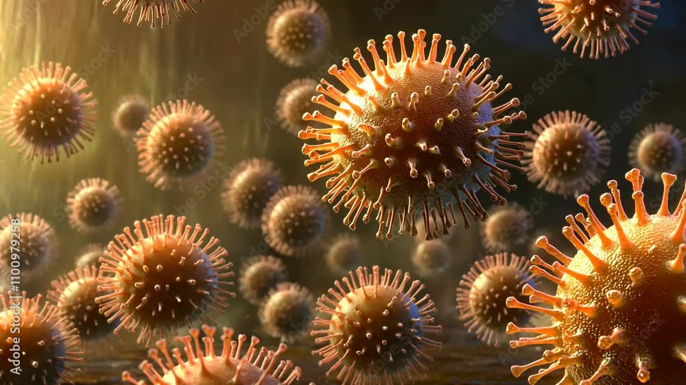 Poster microscopic view of viruses exhibiting spiky surfaces in a dark environment revealing intricate stru
