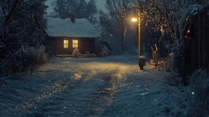 Snowy Cabin Illuminated At Night Under A Winter Sky