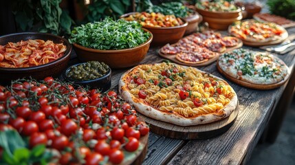 Obraz premium A table spread with an assortment of Italian food, including pasta, pizza, salad, and cherry tomatoes.