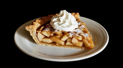 Delicious Slice of Homemade Apple Pie Topped with Whipped Cream on a Decorative Plate Against a Black Background