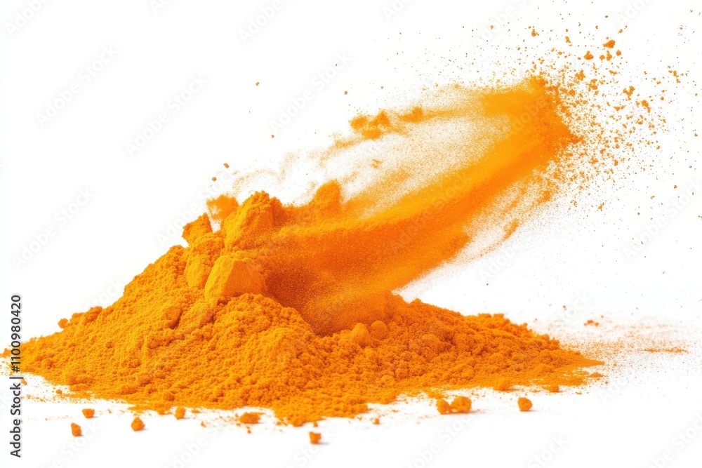 Poster a vivid burst of orange powder dispersing dynamically with visible particle details