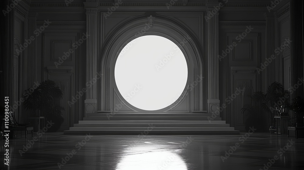 Poster a large, round, white, empty space with a circular archway in a grand hall with a marble floor and a