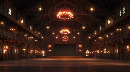 A large, empty wooden hall with a stage at the end and chandeliers hanging from the high ceiling.
