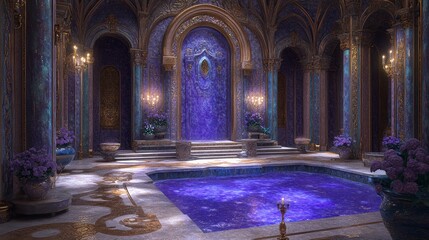 Obraz premium A lavishly decorated interior of a grand hall with a pool and ornate architecture.