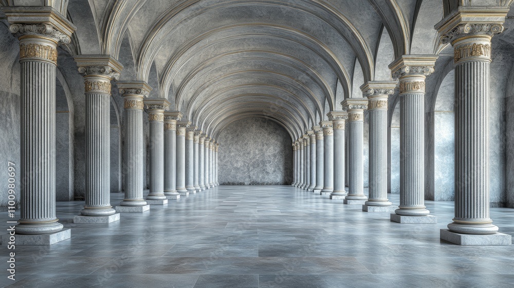 Poster a long, empty hallway with a row of columns on each side.