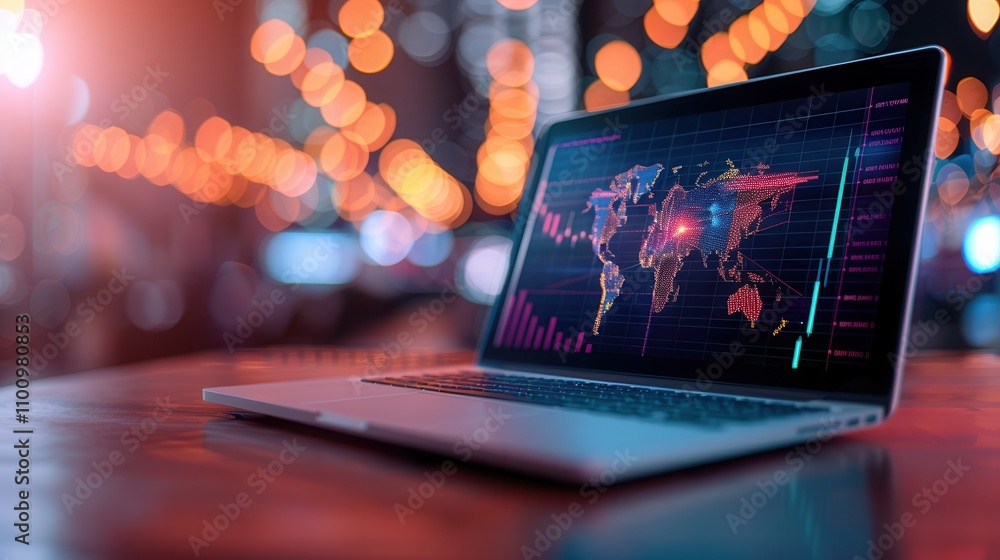 Poster laptop with a digital world map and analytics charts on the screen, set against a vibrant background