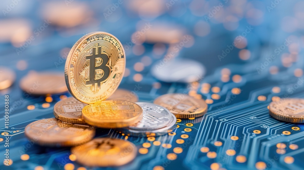 Poster stack of golden bitcoin coins on a blue circuit board representing cryptocurrency and blockchain tec