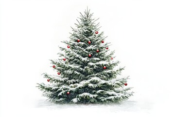 Fototapeta premium A watercolor style depiction of a Christmas tree with lush green branches covered in subtle snow and adorned with small red ornaments