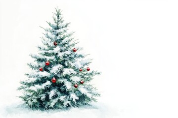 Fototapeta premium A watercolor style depiction of a Christmas tree with lush green branches covered in subtle snow and adorned with small red ornaments
