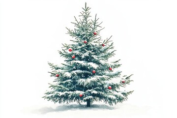 Fototapeta premium A watercolor style depiction of a Christmas tree with lush green branches covered in subtle snow and adorned with small red ornaments