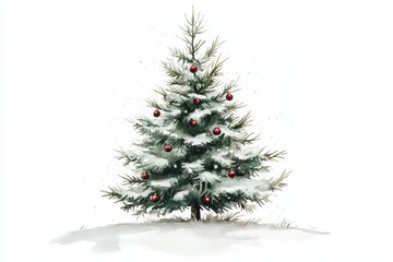 Fototapeta premium A watercolor style depiction of a Christmas tree with lush green branches covered in subtle snow and adorned with small red ornaments