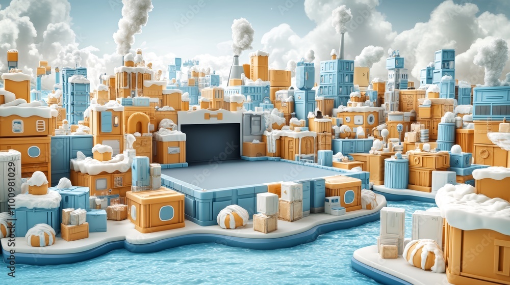 Poster a miniature city made of boxes in a snowy landscape with an empty space in front.