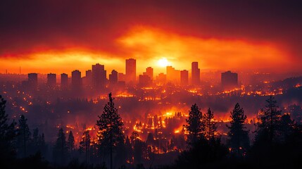 Fototapeta premium An orange sky over a city captures the intensity of wildfires, showcasing the dramatic environmental changes occurring.