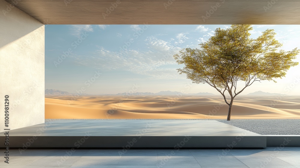 Poster a minimalist patio with a view of a desert landscape, featuring a single tree and a reflecting pool.