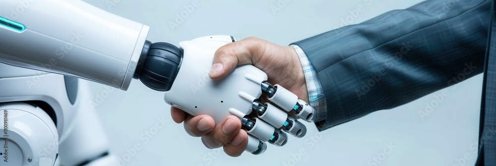 Poster robot and human shaking hands symbolizing collaboration between artificial intelligence and business