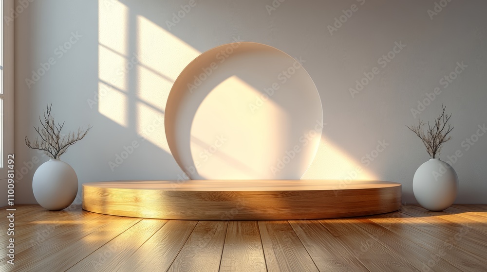 Poster a minimalist wooden podium with a circular backdrop and sunlight streaming through a window, creatin