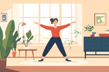 Fototapeta premium Clip art of woman enjoying exercise in bright living room