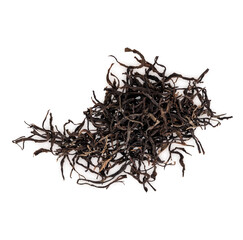 Dried tea leaves isolated on white background. top view