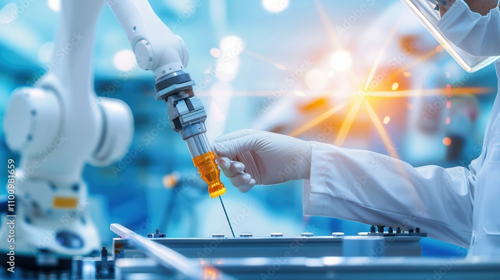 Poster robotic arm and scientist working together in a laboratory with advanced technology and precision to