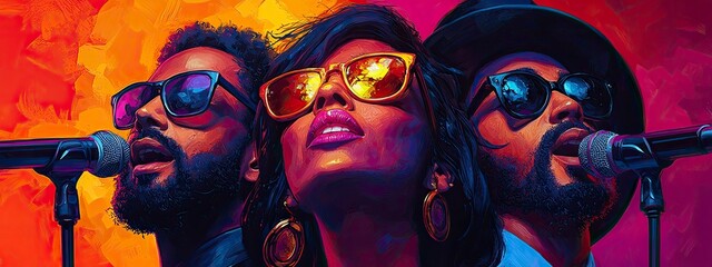 Vibrant musical trio performing with passion and style