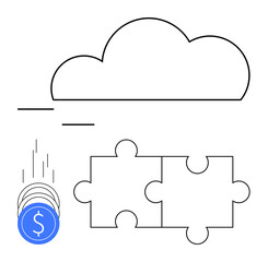 Large cloud outline, vertically falling coins, two interlocking puzzle pieces connected. Ideal for technology, finance, cloud services, investment, computing collaboration innovation. Abstract line