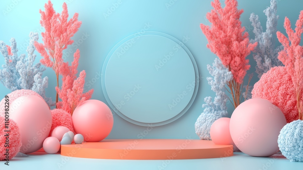 Poster a pastel blue and pink 3d rendering of a product display with a circular podium and abstract foliage