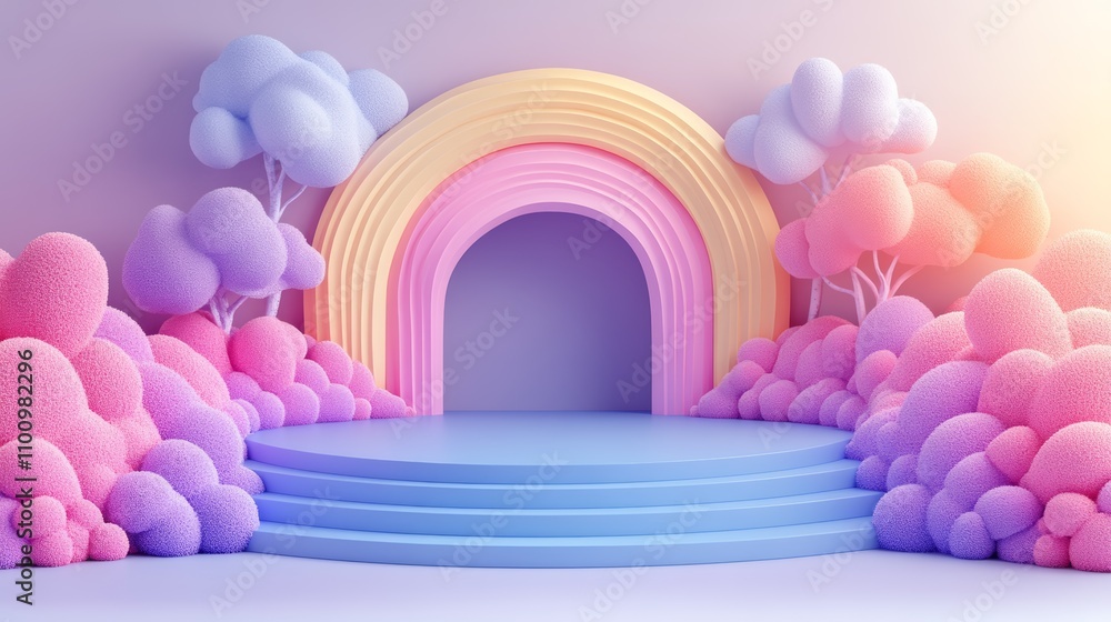 Aufkleber a pastel-colored rainbow archway with fluffy clouds on either side frames a blue platform with steps