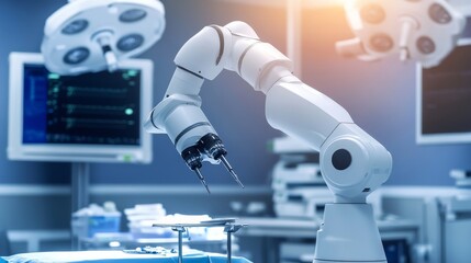 A robot navigating a complex surgical robot system in a modern operating room, sterile and high-tech setting, Surgical-tech style