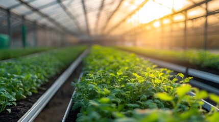 Greenhouse Rows Of Lush Green Seedlings At Sunset