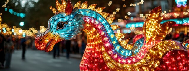 Obraz premium Vibrant illuminated dragon sculpture at a festive night event