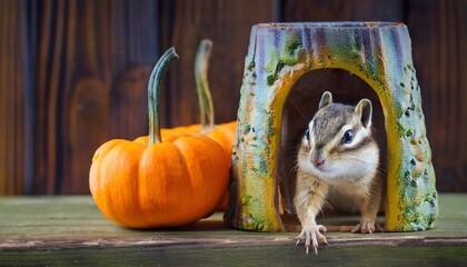 Chipmunk in Decorative House with Pumpkins