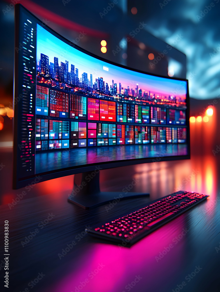 Poster curved monitor displaying city skyline and color palettes on a desk with keyboard.