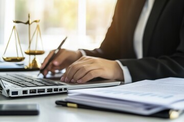 Fototapeta premium Busy mature business woman entrepreneur working in office checking legal document account invoice in office