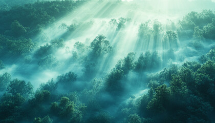 Obraz premium An otherworldly forest covered in a blanket of soft blue and green fog, with delicate beams of light piercing through, giving an ethereal and mysterious feel