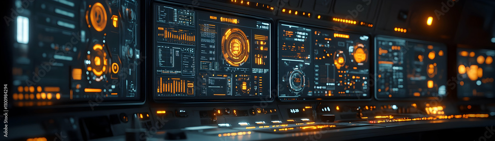Poster futuristic control panel with digital displays showing data.
