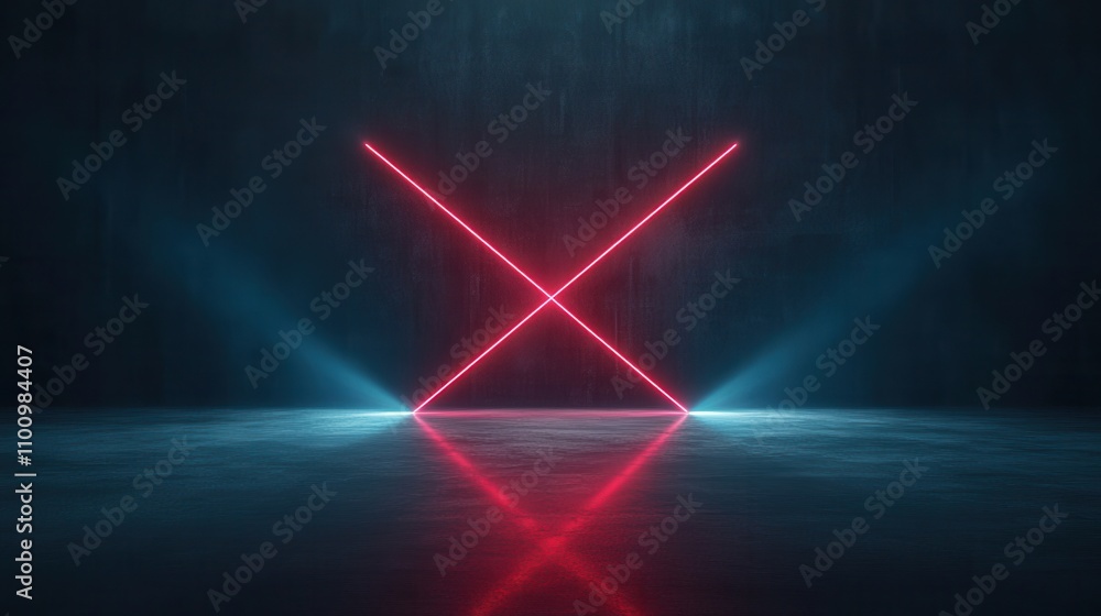 Poster a dark, futuristic scene featuring intersecting red laser beams casting reflections on a glossy surf