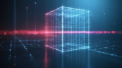 A glowing holographic cube rotates in a digital space, surrounded by a grid of lights and data streams, evoking a futuristic and tech-inspired atmosphere.