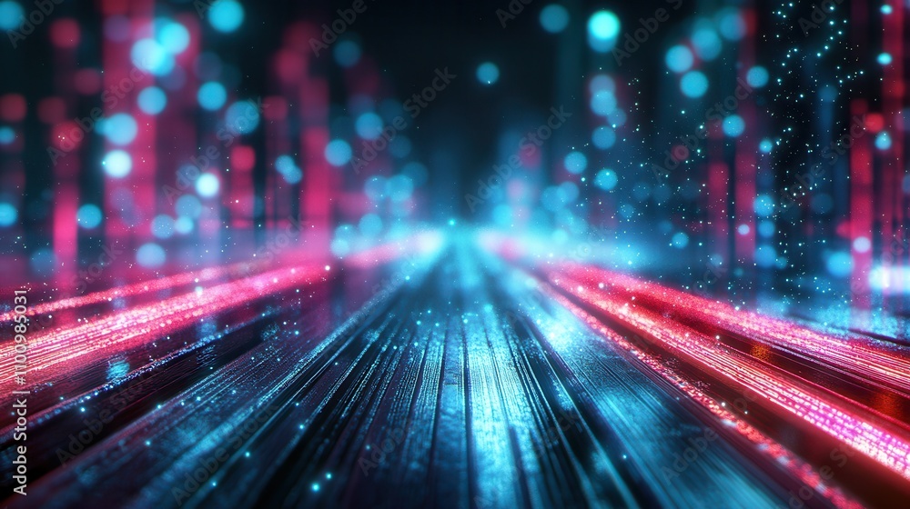 Poster A vibrant, futuristic scene featuring glowing lights and digital particles, creating a sense of movement along a sleek pathway.