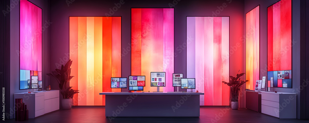 Poster modern office with vibrant colorful backlighting and multiple computer screens.