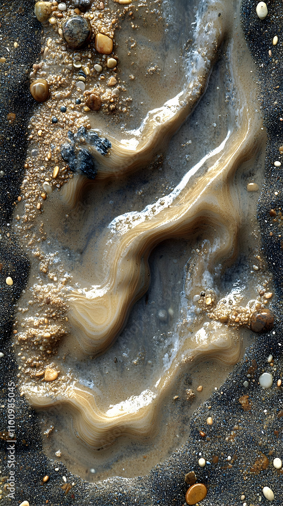 Poster mud puddle with ripple patterns, small rocks and pebbles.