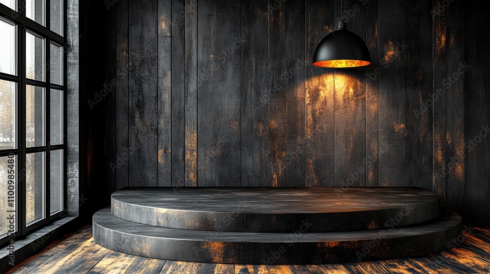 Poster a rustic wooden platform with a black lamp and a window in the background.