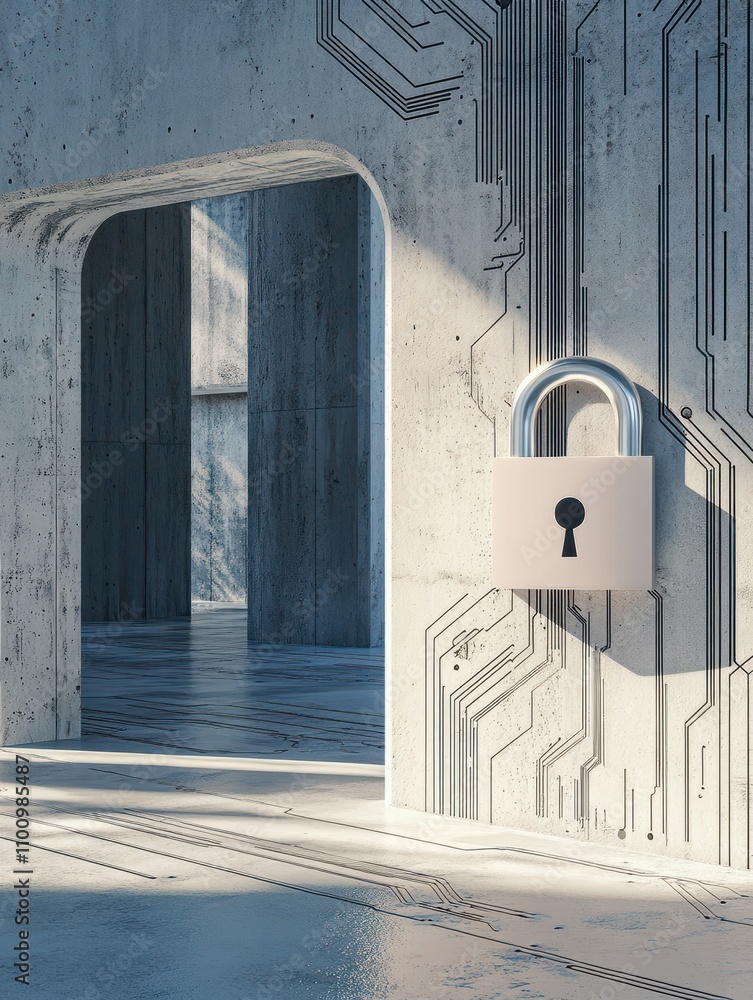 Poster abstract padlock on circuit lines in concrete interior with mock up place. privacy and technology co