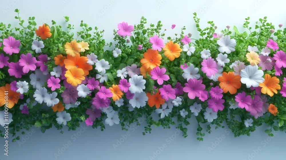 Poster A vibrant display of colorful flowers arranged in a lush green backdrop, creating a cheerful and lively atmosphere.