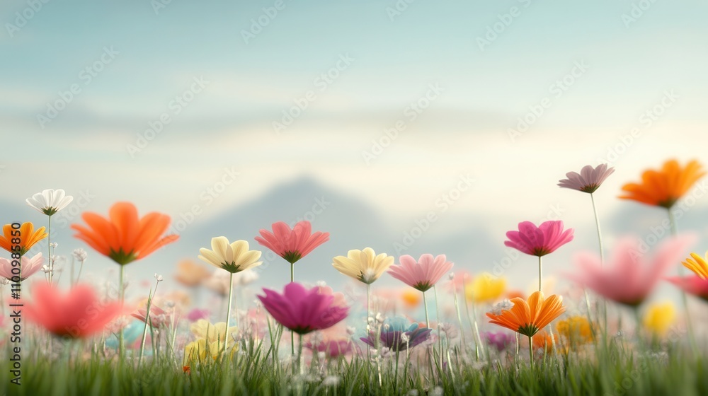 Poster a serene landscape featuring a vibrant field of colorful flowers under a soft sky, creating a peacef